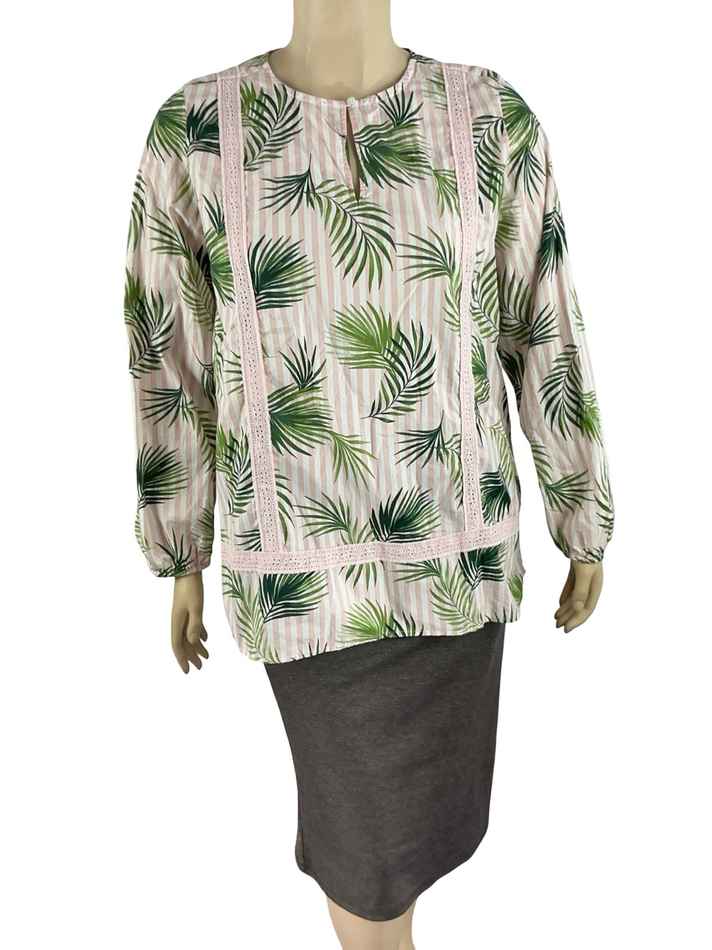 Lands’ End Palm Leaf Tropical Blouse Pink Green Resort Size L Cruise Vacation